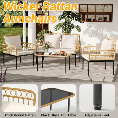 4-Piece Rattan Patio Set with Loveseat, 2 Chairs & Glass Table, Outdoor Furniture For Backyard- Porch.