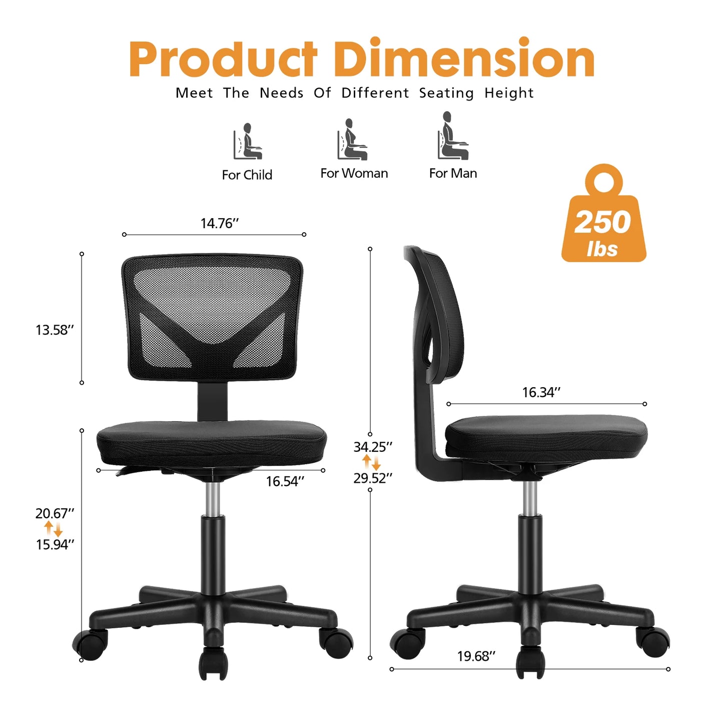 Mesh with Lumbar Support Armless Office Chair Low Back with Wheels Adjustable Height, Rolling Swivel Computer Chair