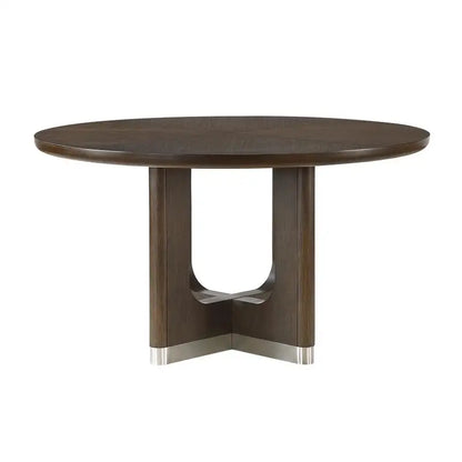 Modern Brown Finish 7-Piece Dining Set with Round Table and 6 Beige Upholstered Side Chairs.