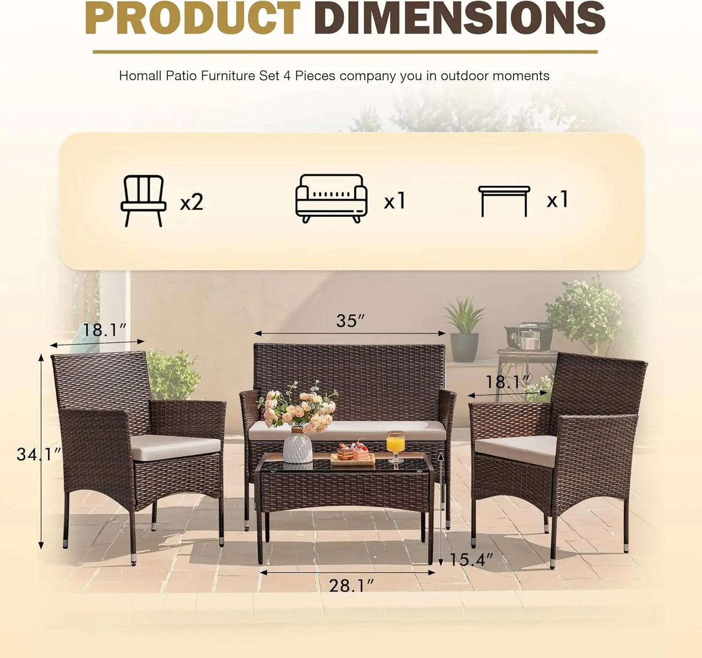4 Pieces Outdoor Patio Furniture Wicker Set, Outdoor / indoor & Backyard Porch.