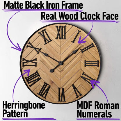 Wall Clock 24 Round Silent Metal amp Wood Large Farmhouse, Decor with 3D Roman Numerals.