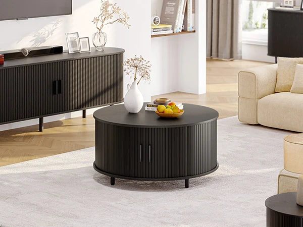 Round Coffee Table with Storage,31.5" 360° Curved Sliding Door, Fluted Wood Accent Coffee Table