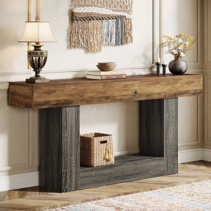 Tribe signs 63" Console Table, Farmhouse 2-Tier Entryway Table with U-Shaped Base, Narrow.