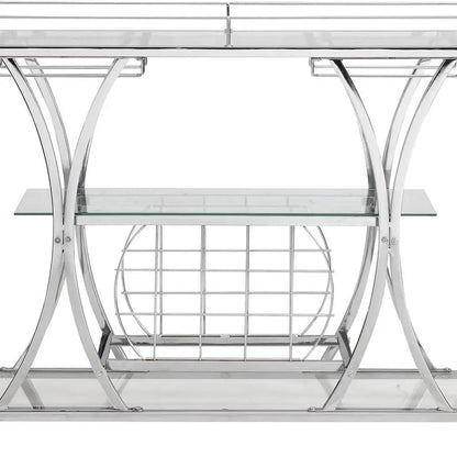 Silver Bar Cart with Glass Holders & Wine Rack, 3 Tier Serving Carts with Glass Shelves, Metal Rolling Bar.
