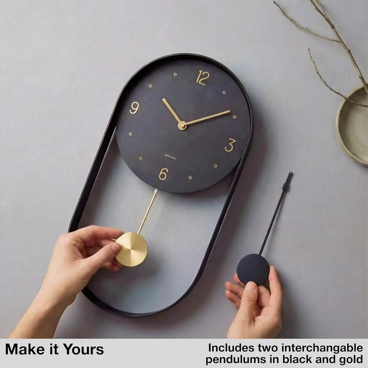 Modern Pendulum Wall Clock - Black and Gold Decorative Wall Clock with Pendulum.