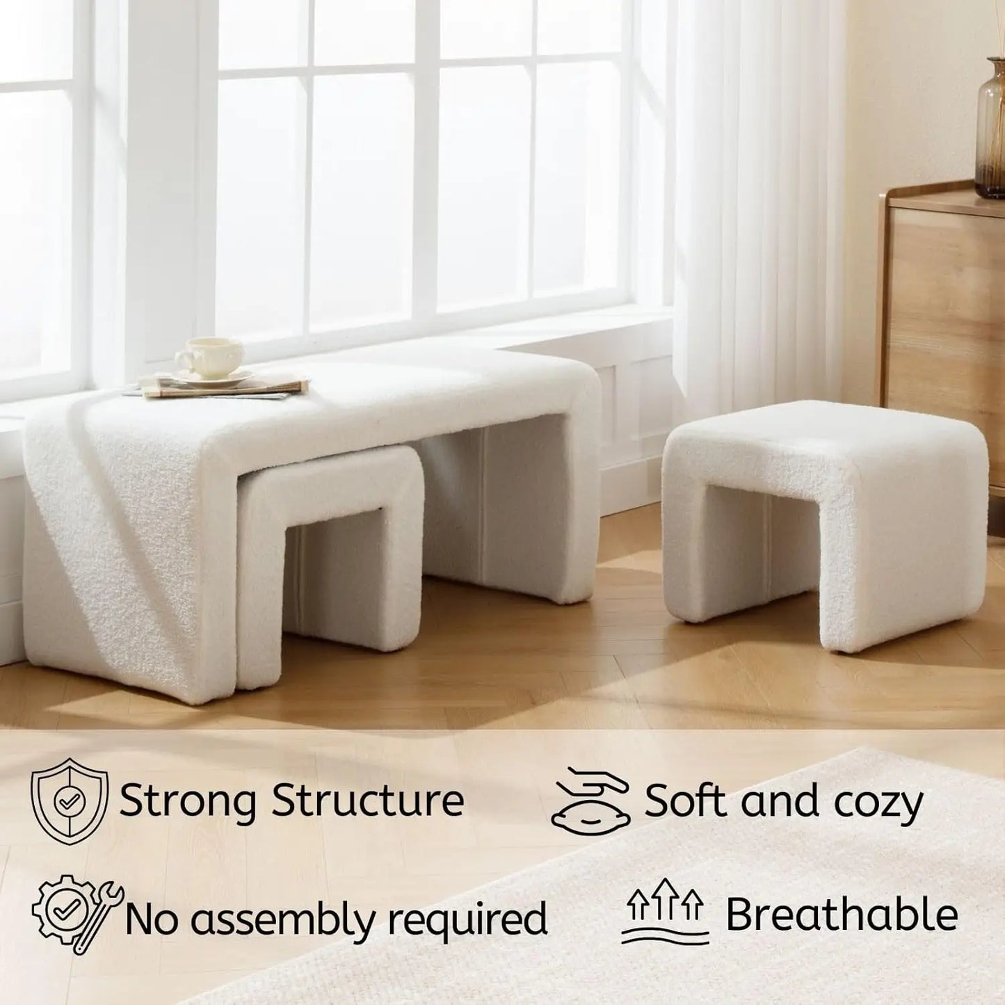 40.5" Wide Upholstered End of Bed Bench with 2 Small Stools Sherpa Comfy Entry Bench Vanity Stools.