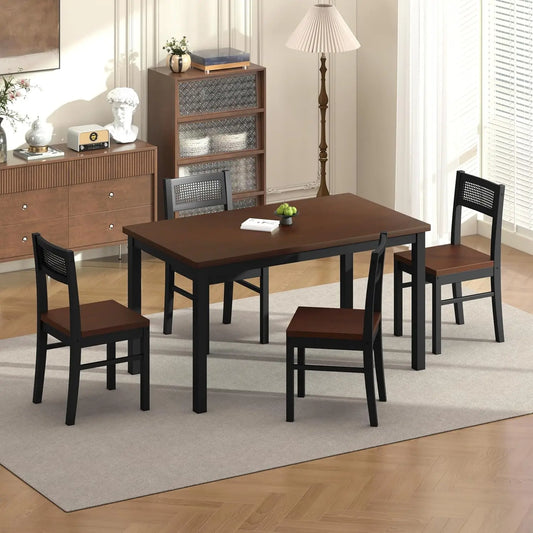 Black Dining Table Set for 4-43.3" Table and Chairs Solid Wood Legs and Woven Rattan Backs.