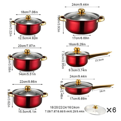 12Pcs/Set Stainless Steel Red Cookware Set Non-Stick Pans.