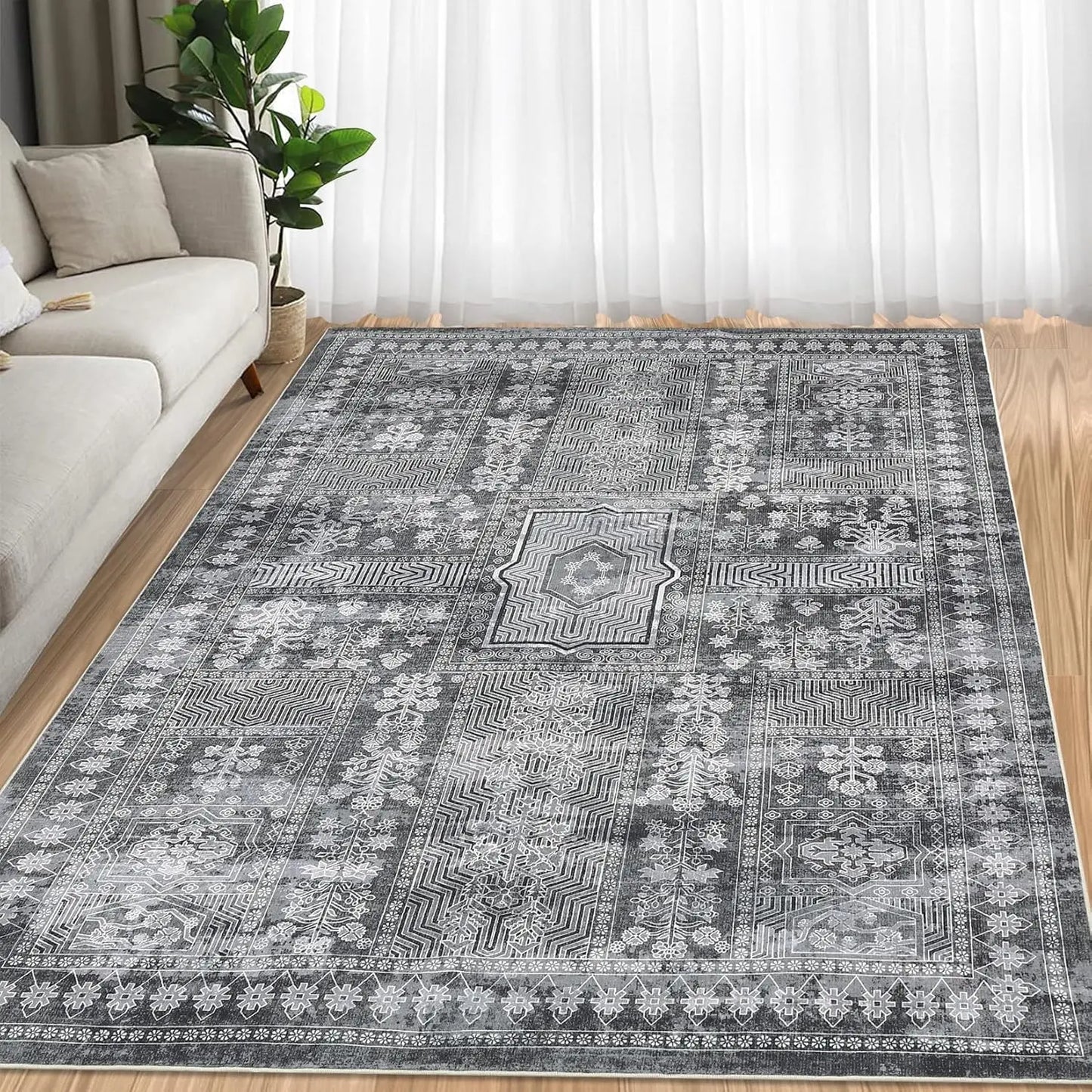 Large Vintage Washable Area Rug for Living Room Floral Print Carpet, Low Pile Foldable.