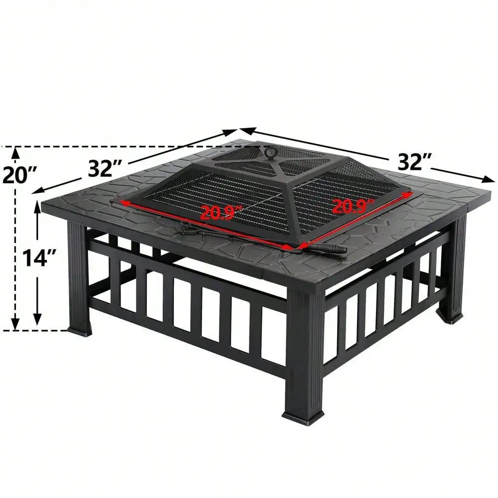 32" Metal Firepit Backyard Patio Garden Decor Square Stove Fire Pit With Cover