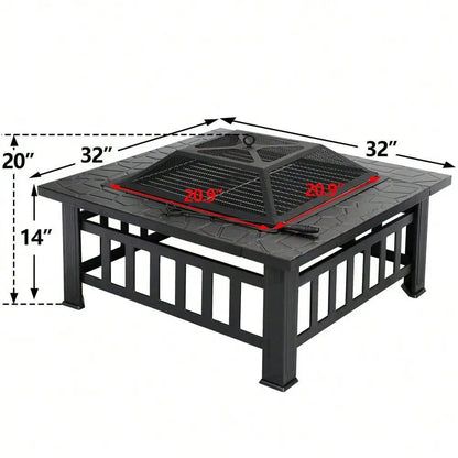 32" Metal Firepit Backyard Patio Garden Decor Square Stove Fire Pit With Cover