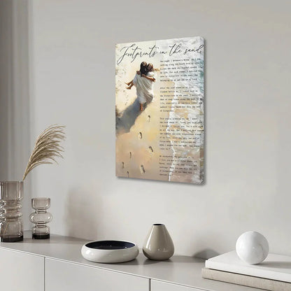 Framed Jesus Holding Woman Wall Art, Footprints in The Sand Canvas Painting Print Christian Inspirational Quotes.