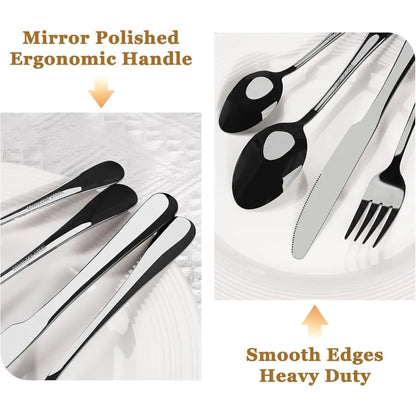 24Piece Black Silverware Set with Steak Knives, Stainless Steel Cutlery Set Mirror Polished Utensils.
