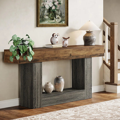 Tribe signs 63" Console Table, Farmhouse 2-Tier Entryway Table with U-Shaped Base, Narrow.