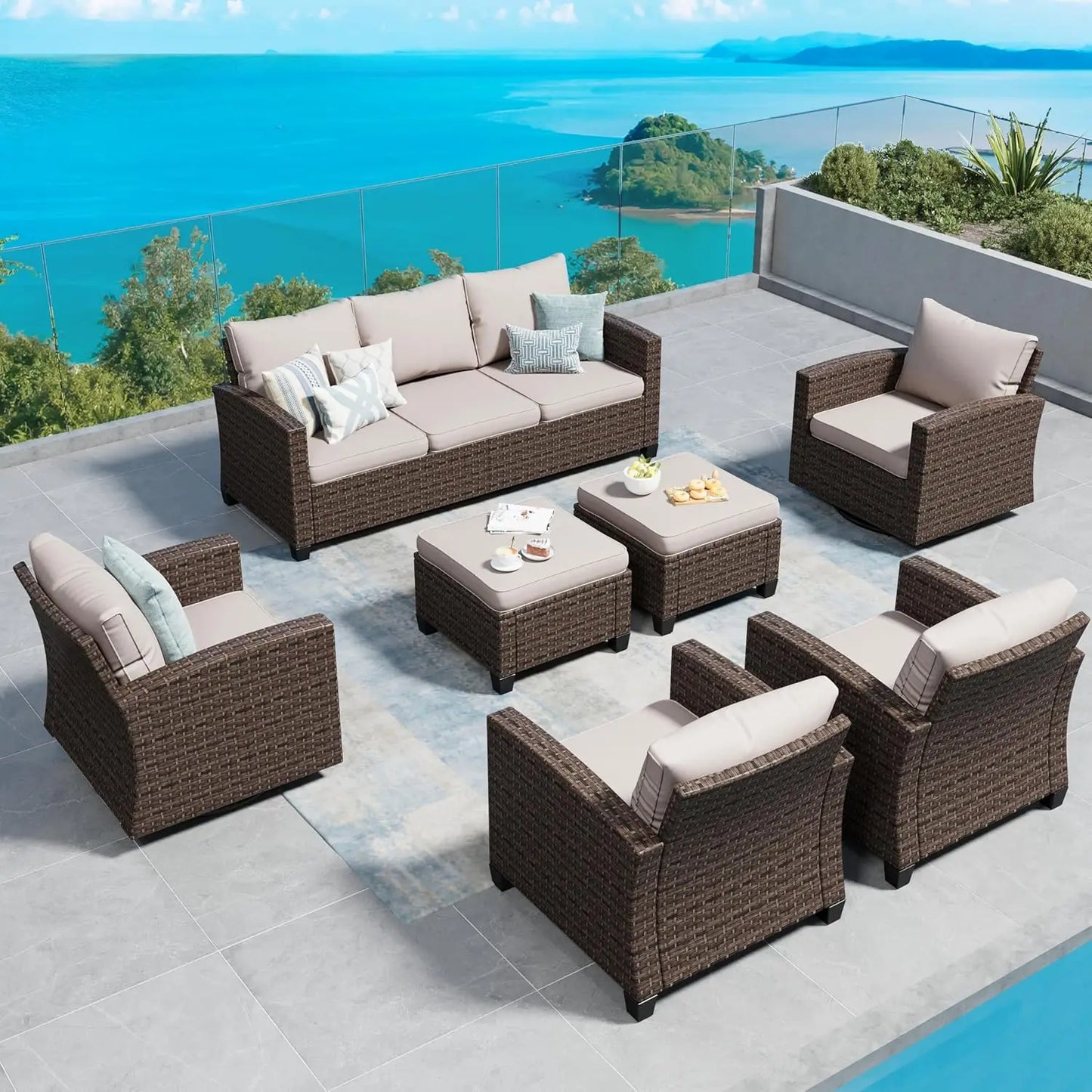 Outdoor Patio Ottomans,2 Pieces All Weather Wicker Ottomans with 4" Thick Cushions.