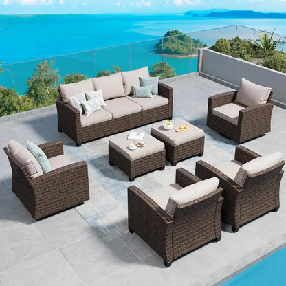 Outdoor Patio Ottomans,2 Pieces All Weather Wicker Ottomans with 4" Thick Cushions.
