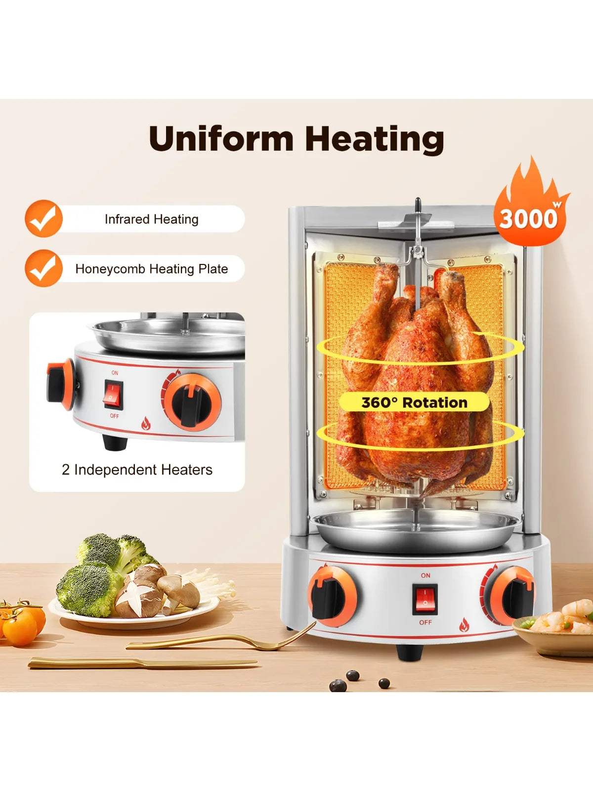 Electric Vertical Broiler 360° rotating Gas Rotisserie Grill Machine, 2 Burner for Commercial Home Kitchen