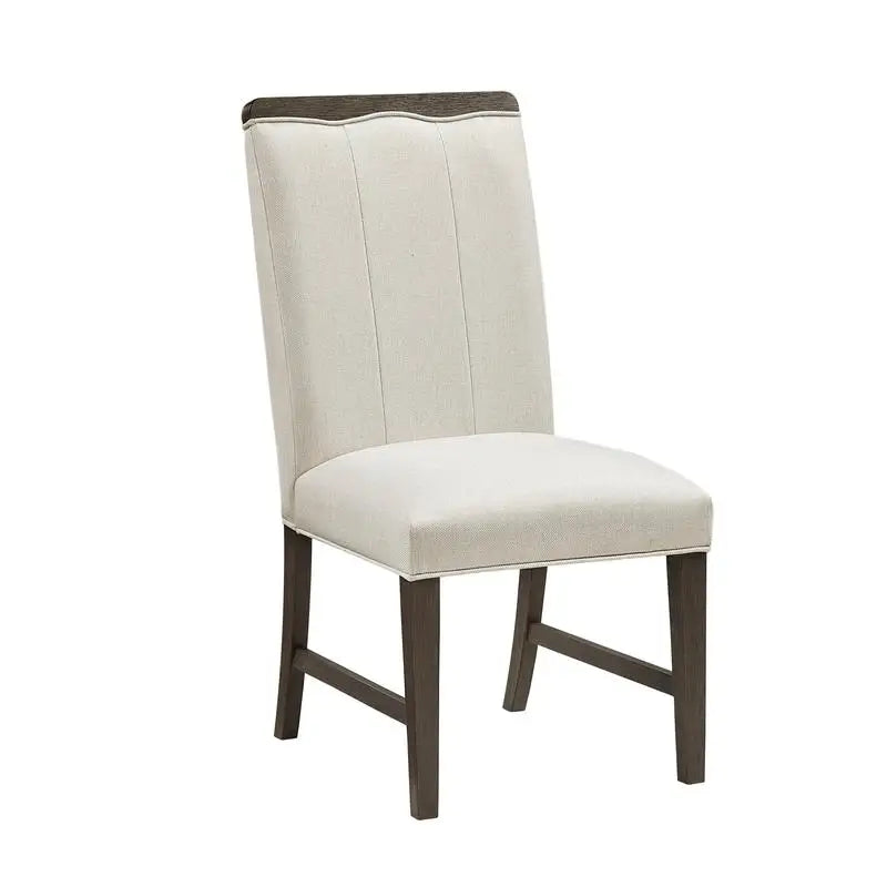 Modern Brown Finish 7-Piece Dining Set with Round Table and 6 Beige Upholstered Side Chairs.