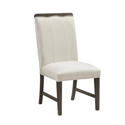 Modern Brown Finish 7-Piece Dining Set with Round Table and 6 Beige Upholstered Side Chairs.
