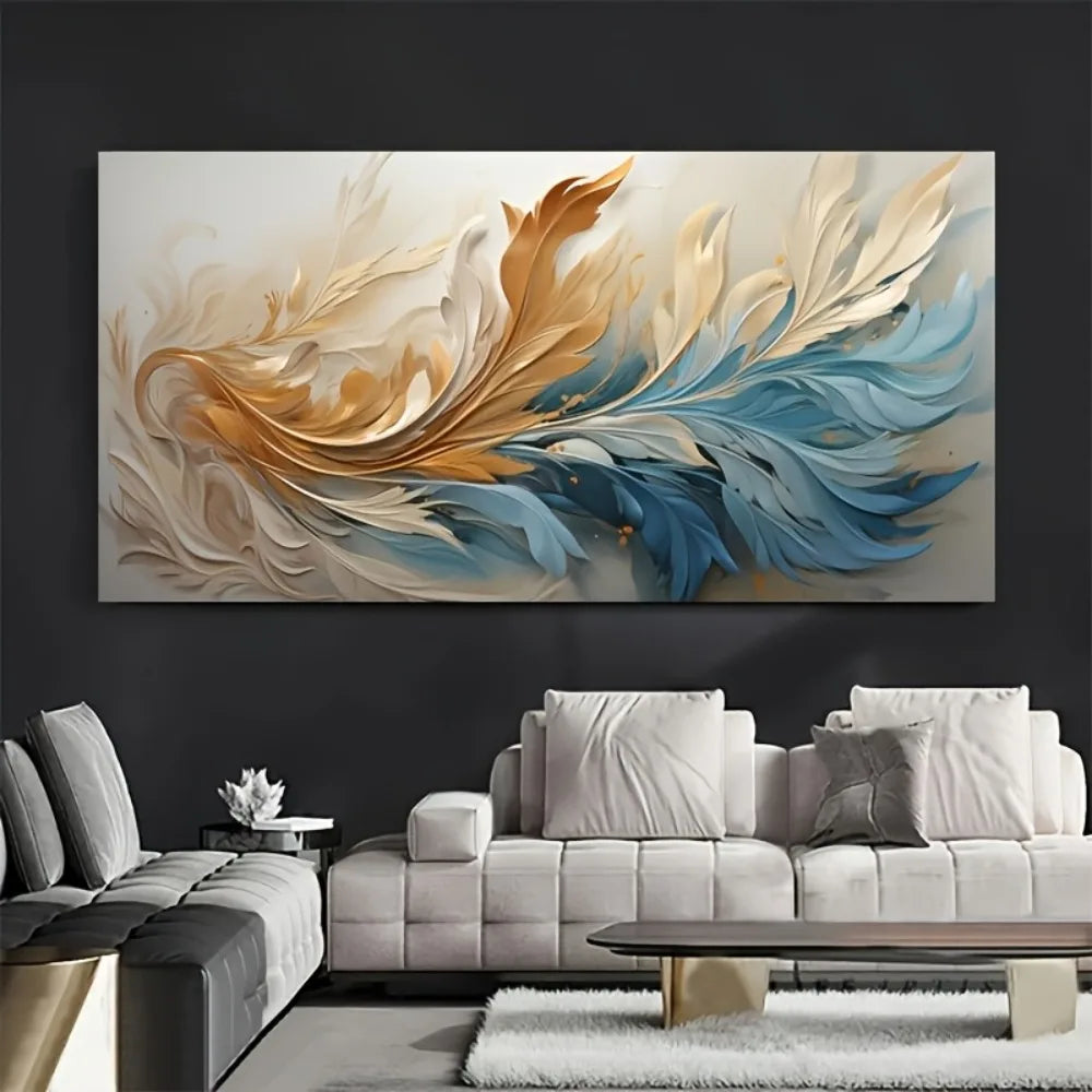 Modern abstract gold feather canvas art, interior decoration, pine solid wood frame.