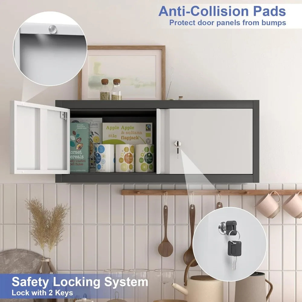 Metal Locking Cabinet, 12.8" H Garage Cabinet Wall Mount, Steel Storage with Doors and Shelves, Floating.