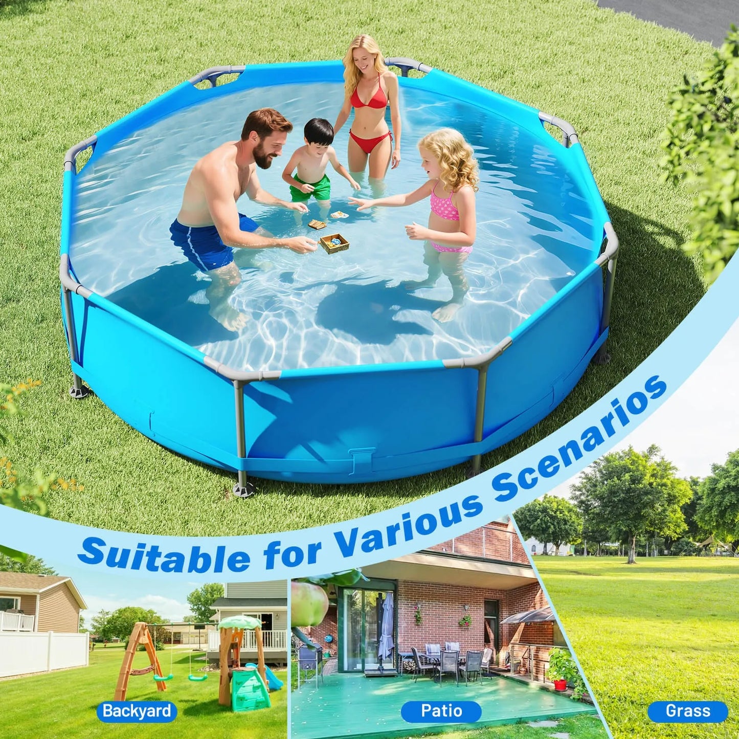 Outdoor Hot Tub, Outdoor Family Swimming Pool with Metal Frame Multi-Layer PVC Fabric.