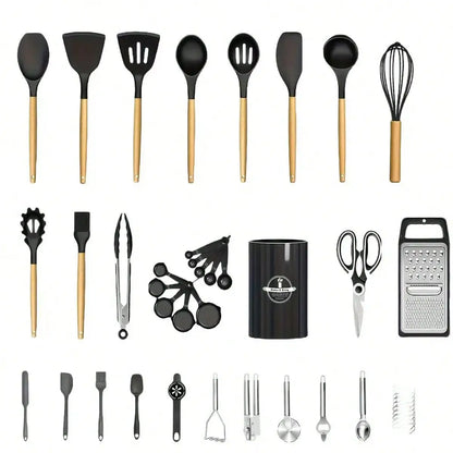 44-Piece Silicone Kitchen Utensil Set w/ Holder Black Wood Handle.