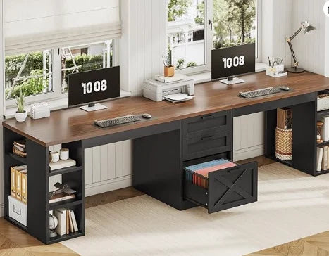 96.5" Computer Desk with Drawers,2 Person Home Office Desk, Double Desk with Storage Shelves.