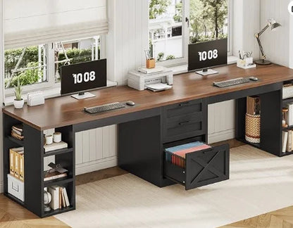 96.5" Computer Desk with Drawers,2 Person Home Office Desk, Double Desk with Storage Shelves.