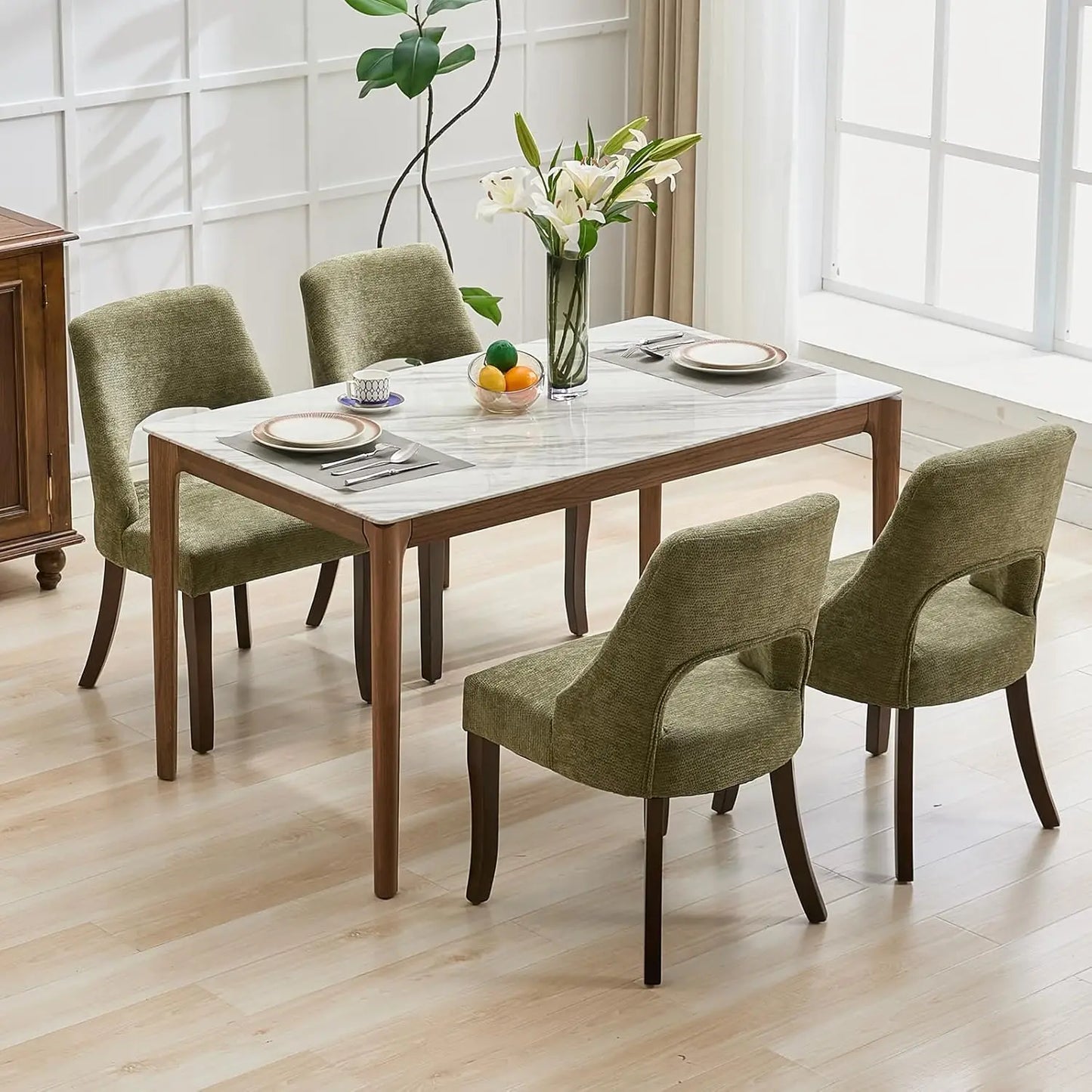 Wooden Dining Chairs Set of 4, Mid Century Modern Chenille Upholstered.