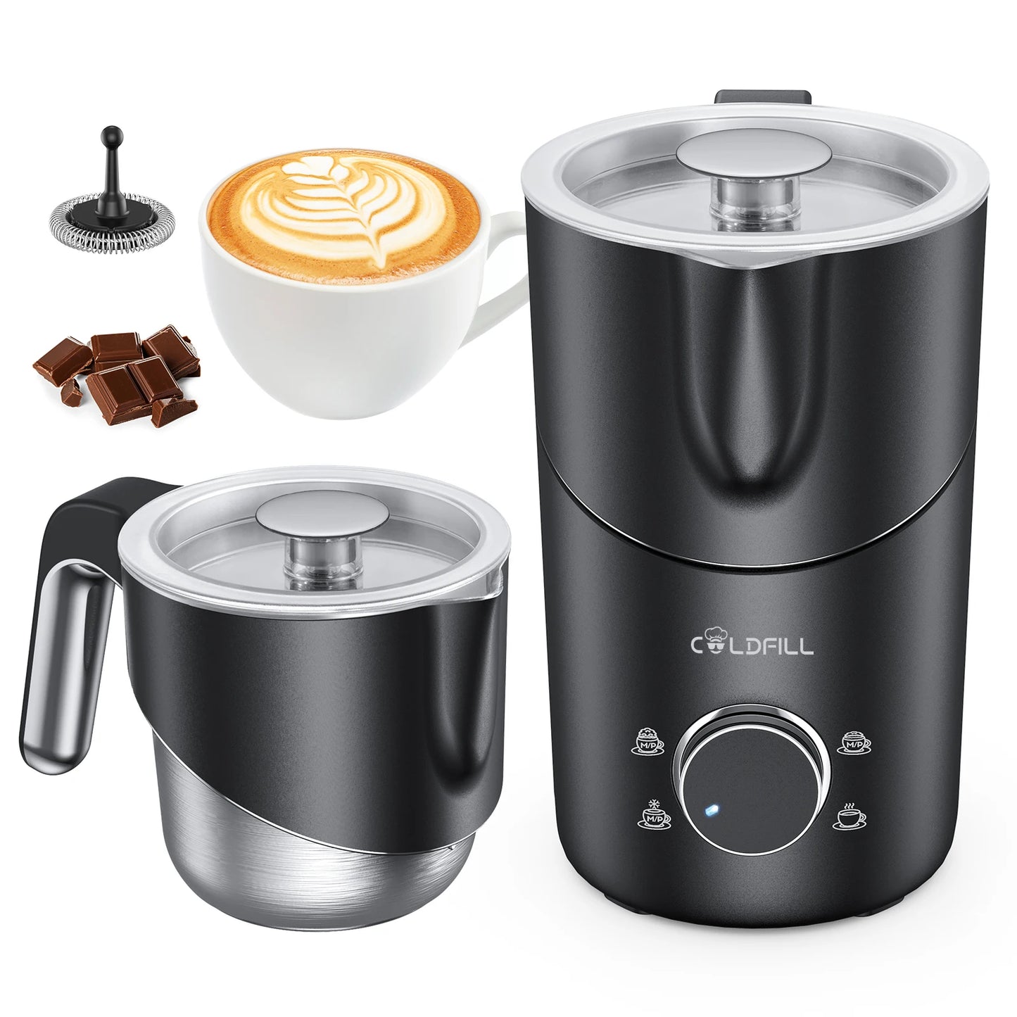 Milk Frother and Steamer, 8-in-1 Electric Frother for Coffee, Detachable Milk Steamer- Dishwasher Safe.