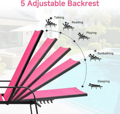 Adjustable Outdoor Chaise Lounge Chair with Armrests, 5 Positions, Metal Frame for Patio Poolside.