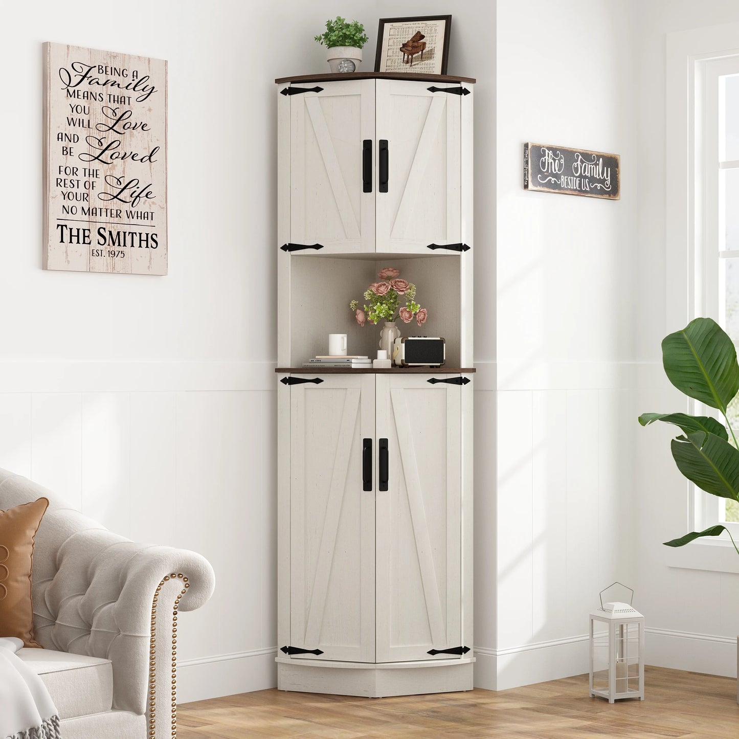 Bathroom Storage Tall Cabinet, 67" Corner Storage Cabinet with Barn Doors and Adjustable Shelf.