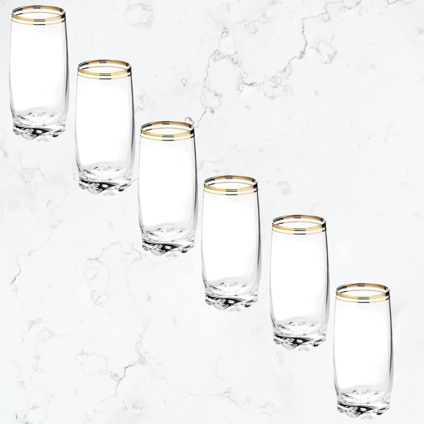13.25 Oz Gold Rim Glass Set of 6 - Elegant Durable Drinking Glasses for Cocktails, Entertaining.