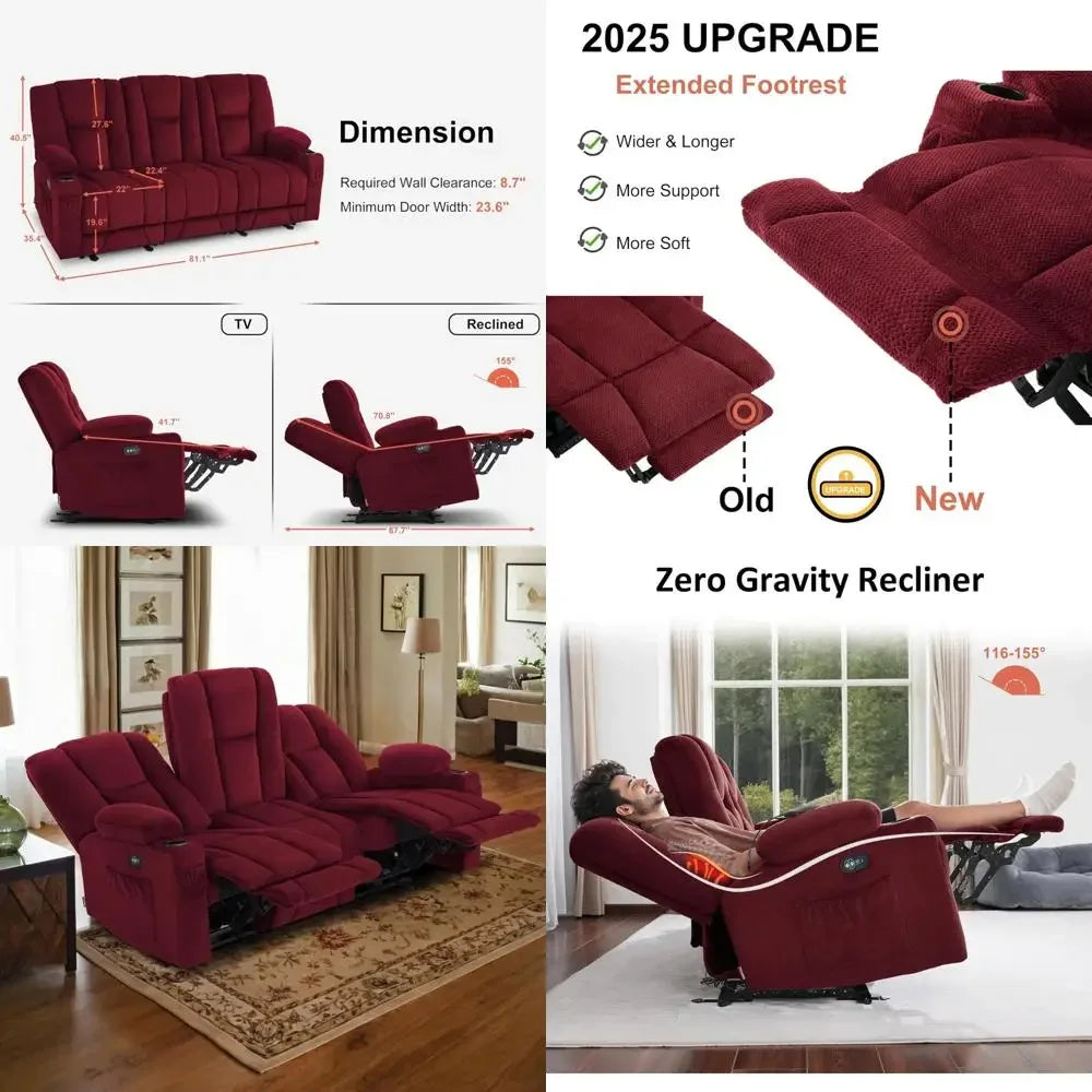 "3-seater zero gravity reclining sofa with heat and vibration massage, for living room"