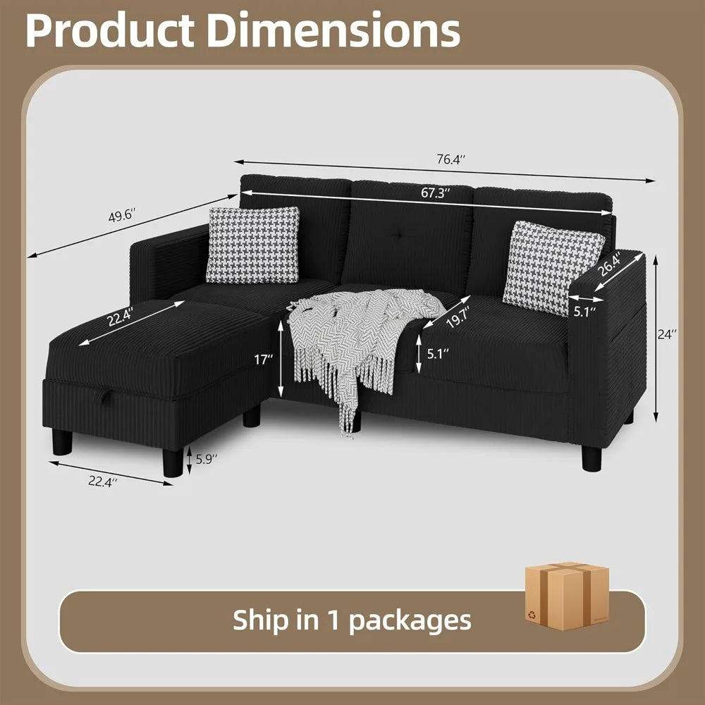L-Shaped Sectional Sofa with Ottoman, Convertible 3-Seat Couch for Small Spaces.