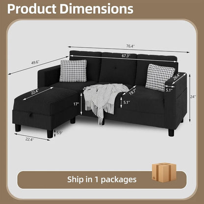 L-Shaped Sectional Sofa with Ottoman, Convertible 3-Seat Couch for Small Spaces.