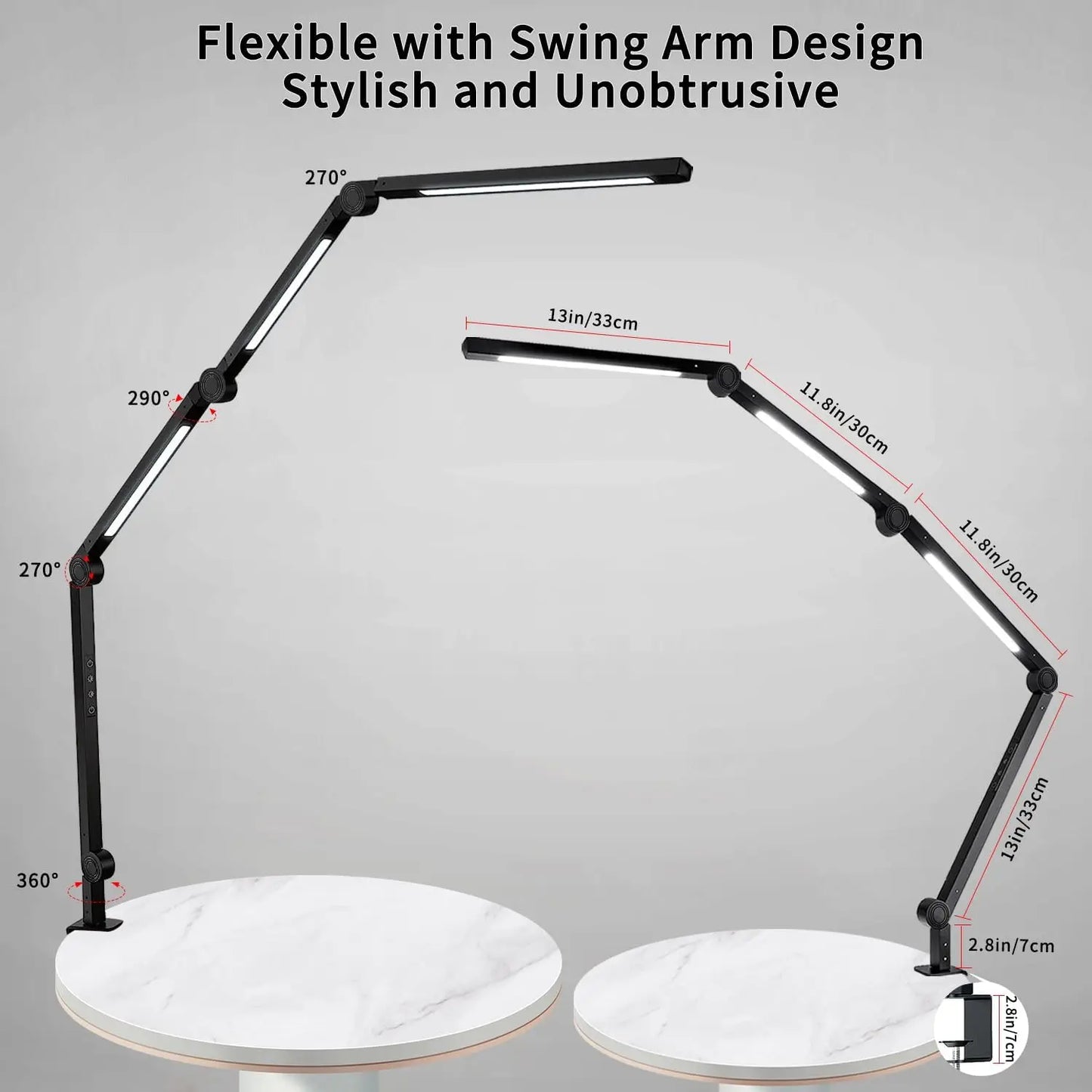 LED Desk Lamp with Clamp Flexible 4 sections Swing Arm Three light sources.