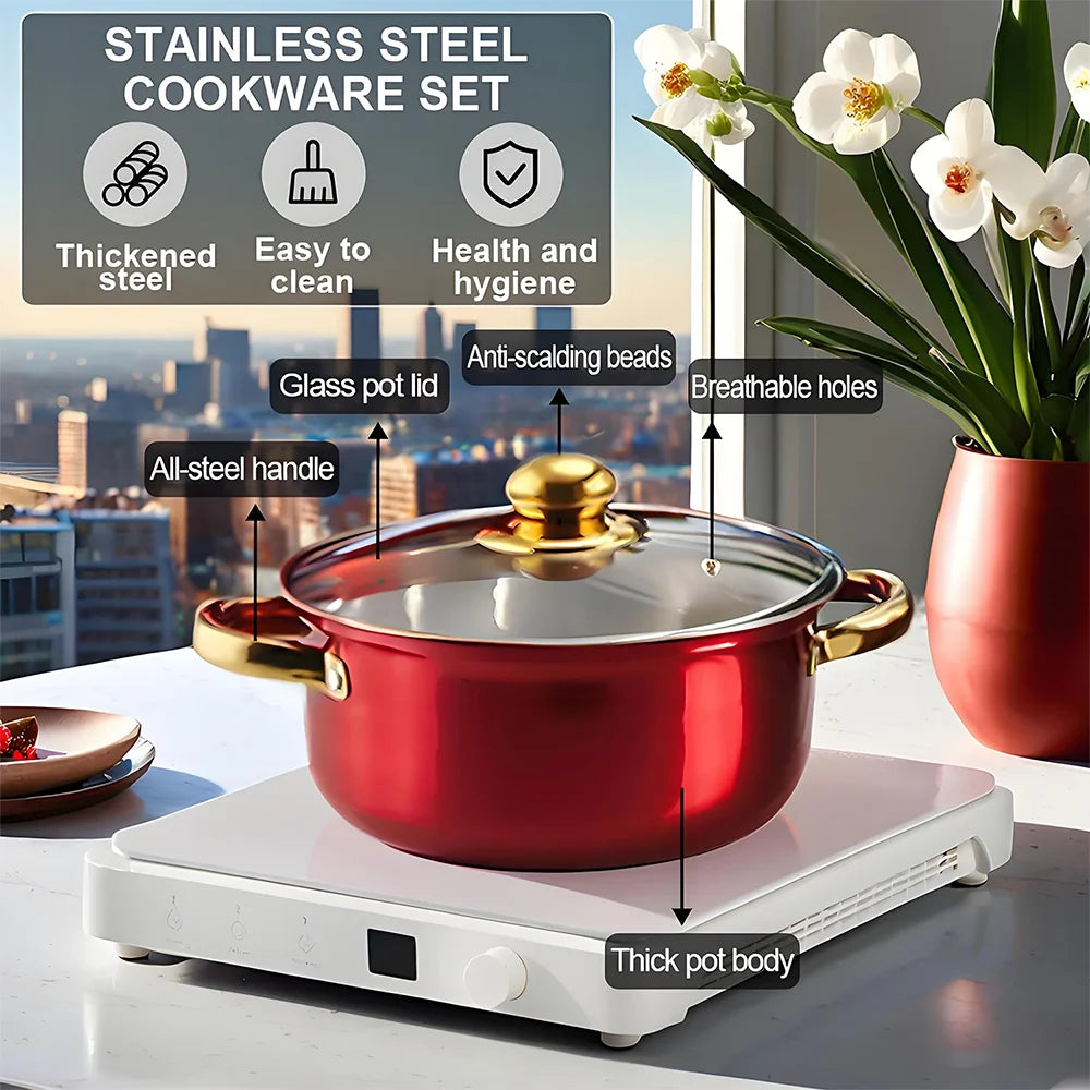 12Pcs/Set Stainless Steel Red Cookware Set Non-Stick Pans.