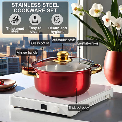 12Pcs/Set Stainless Steel Red Cookware Set Non-Stick Pans.