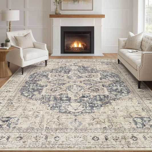 Washable 9x12 Vintage Oriental Area Rug for Living Room Bedroom, Non-Slip and Spill-Resistant