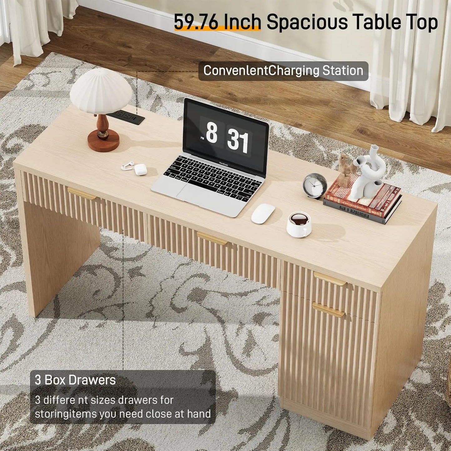 60" Executive Desk with Fluted Drawers, Wood Home Office Desk with Storage Cabinet, Charging Station.