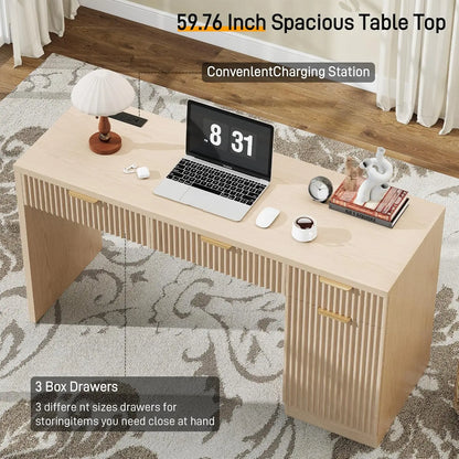 60" Executive Desk with Fluted Drawers, Wood Home Office Desk with Storage Cabinet, Charging Station.