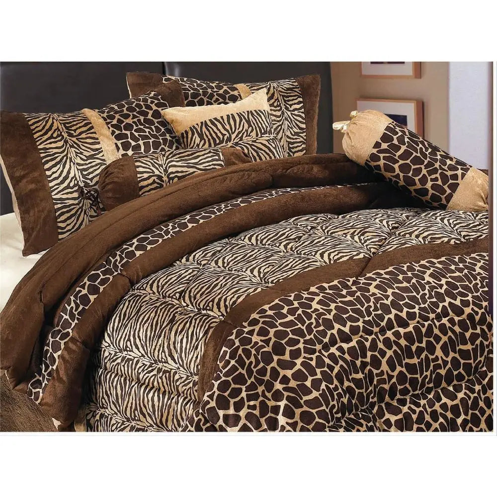 Queen Size Brown Animal Print Zebra, Giraffe Comforter Set, Microfiber Bedding.
