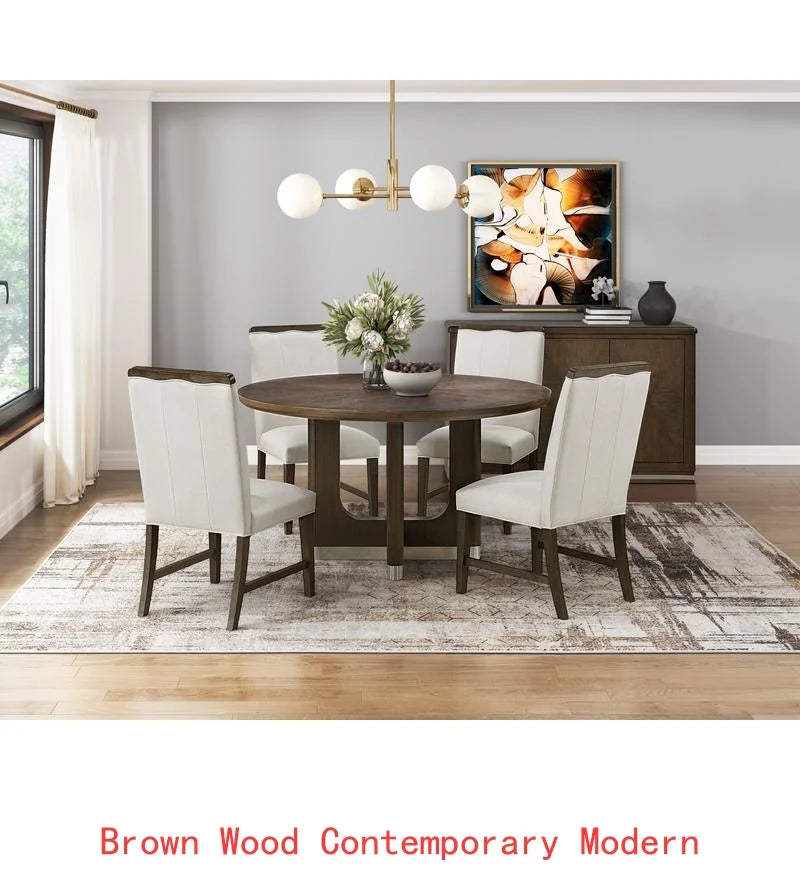 Modern Brown Finish 7-Piece Dining Set with Round Table and 6 Beige Upholstered Side Chairs.
