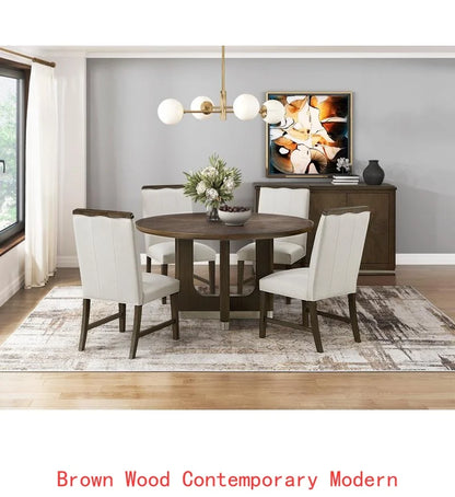 Modern Brown Finish 7-Piece Dining Set with Round Table and 6 Beige Upholstered Side Chairs.