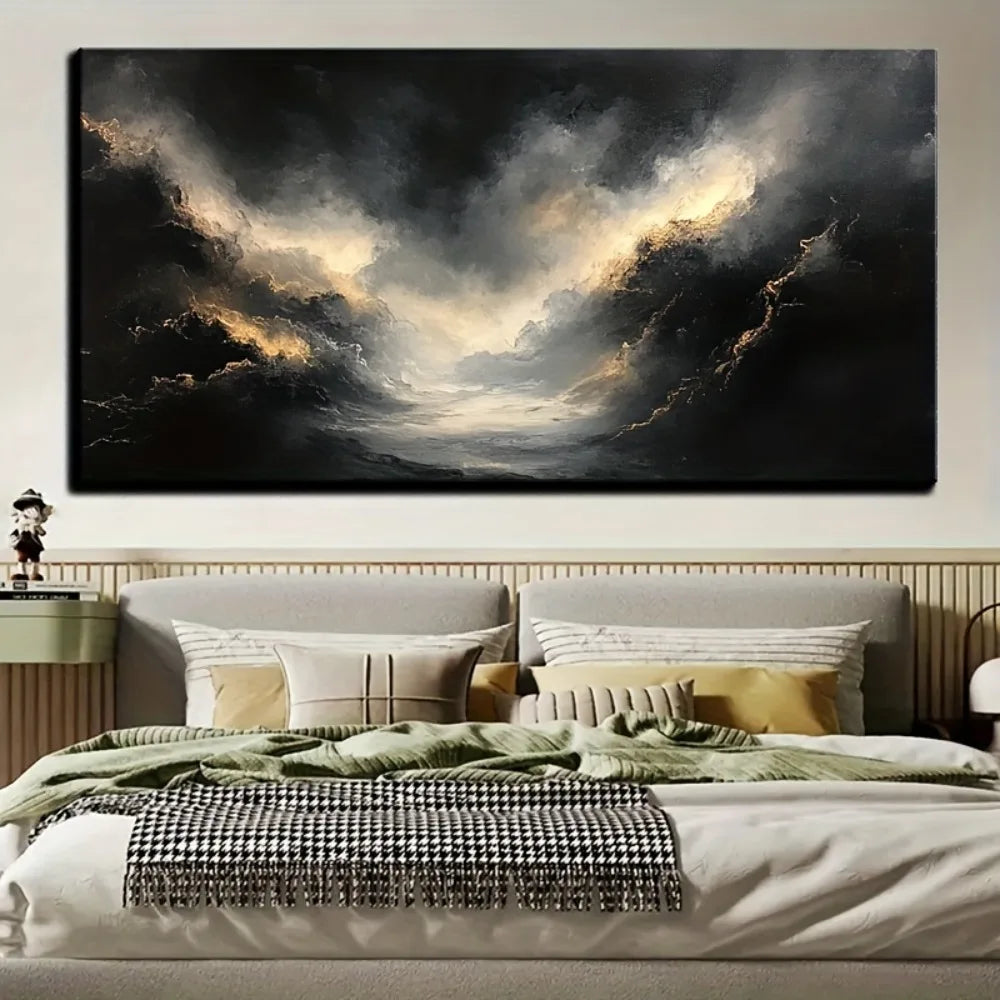 Abstract black gold texture modern art oil painting, pine solid wood frame.
