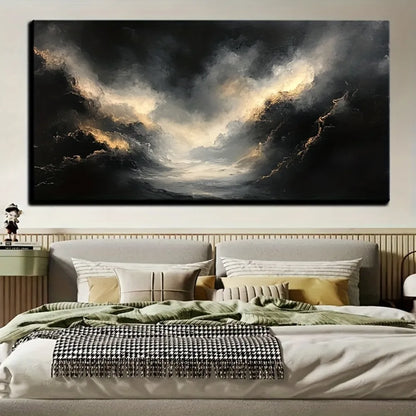 Abstract black gold texture modern art oil painting, pine solid wood frame.