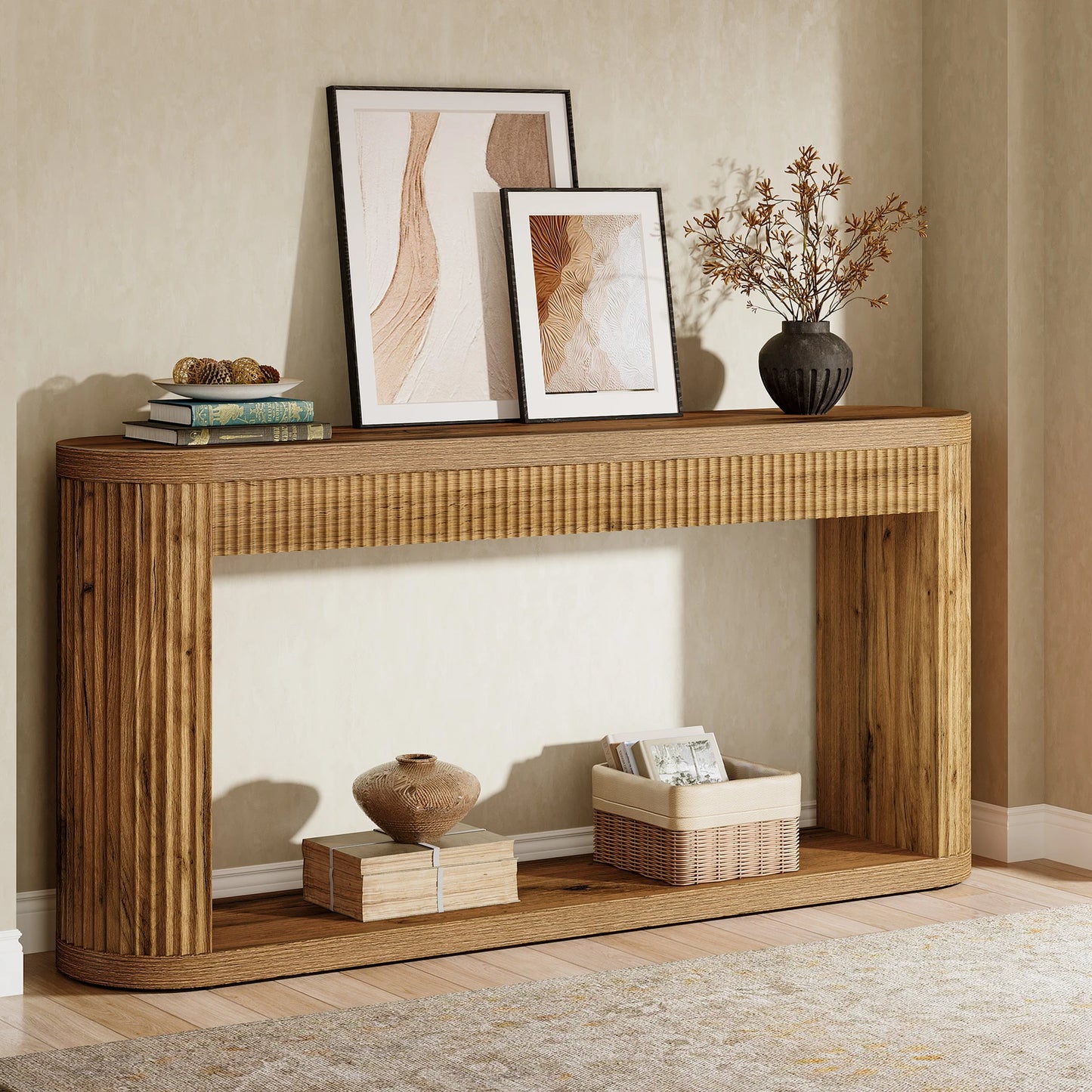 63" Fluted Console Table for Entryway, Narrow Sofa Table Behind Couch