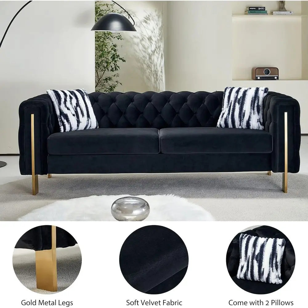 84-Inch High-Arm Upholstered Sofa with 2 Pillows and Metal Legs for Living Spaces in Black